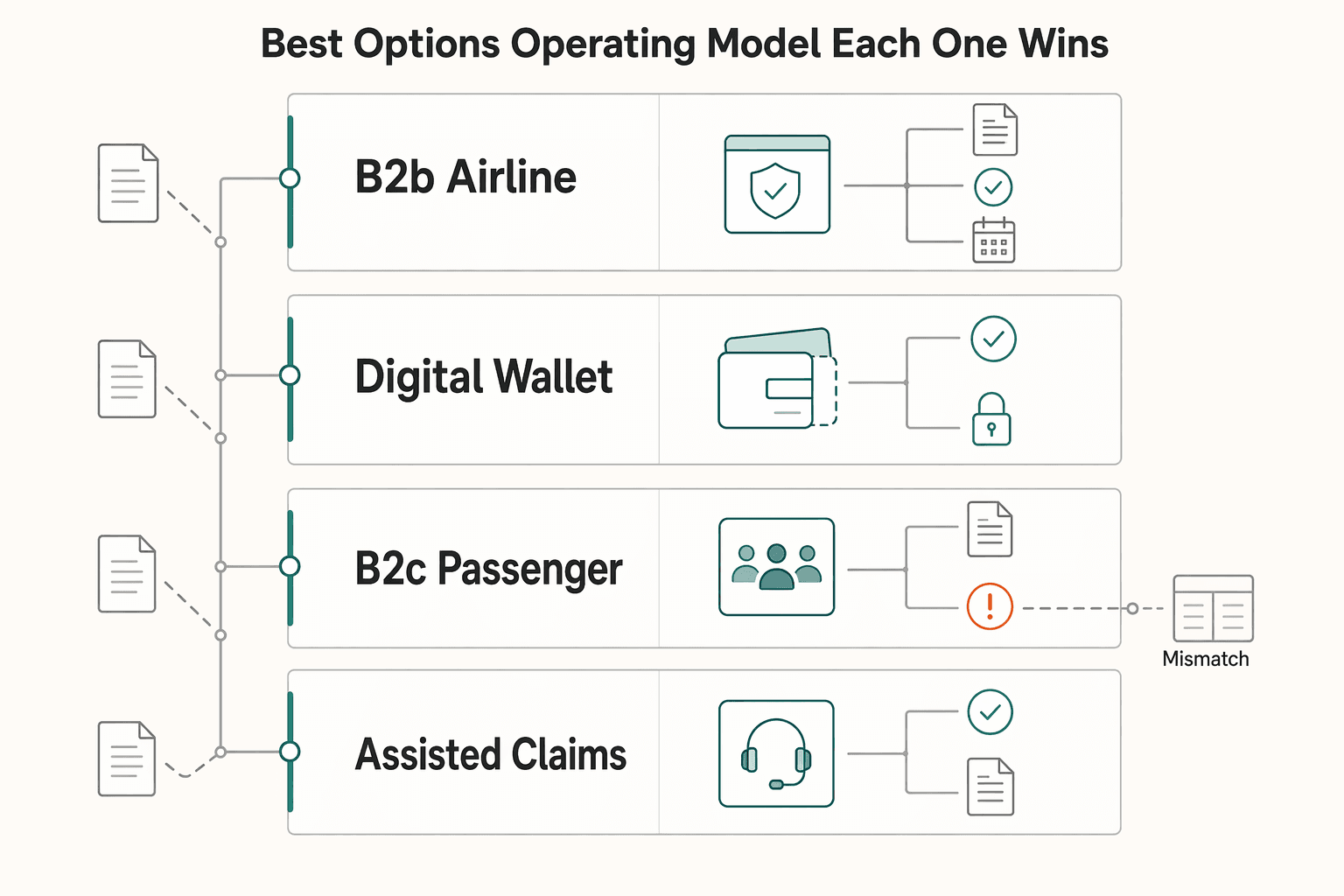 Diagram showing The best options by operating model and when each one wins for Airline Delay Compensation Payments for Customer Experience and Control.