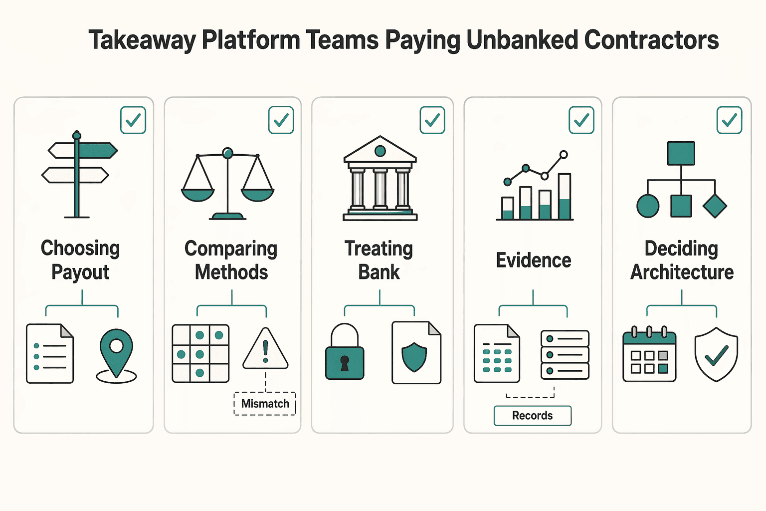 Diagram showing The takeaway for platform teams paying unbanked contractors now for Paying Unbanked Contractors in Developing Markets: Best Payout Routes for Platforms.