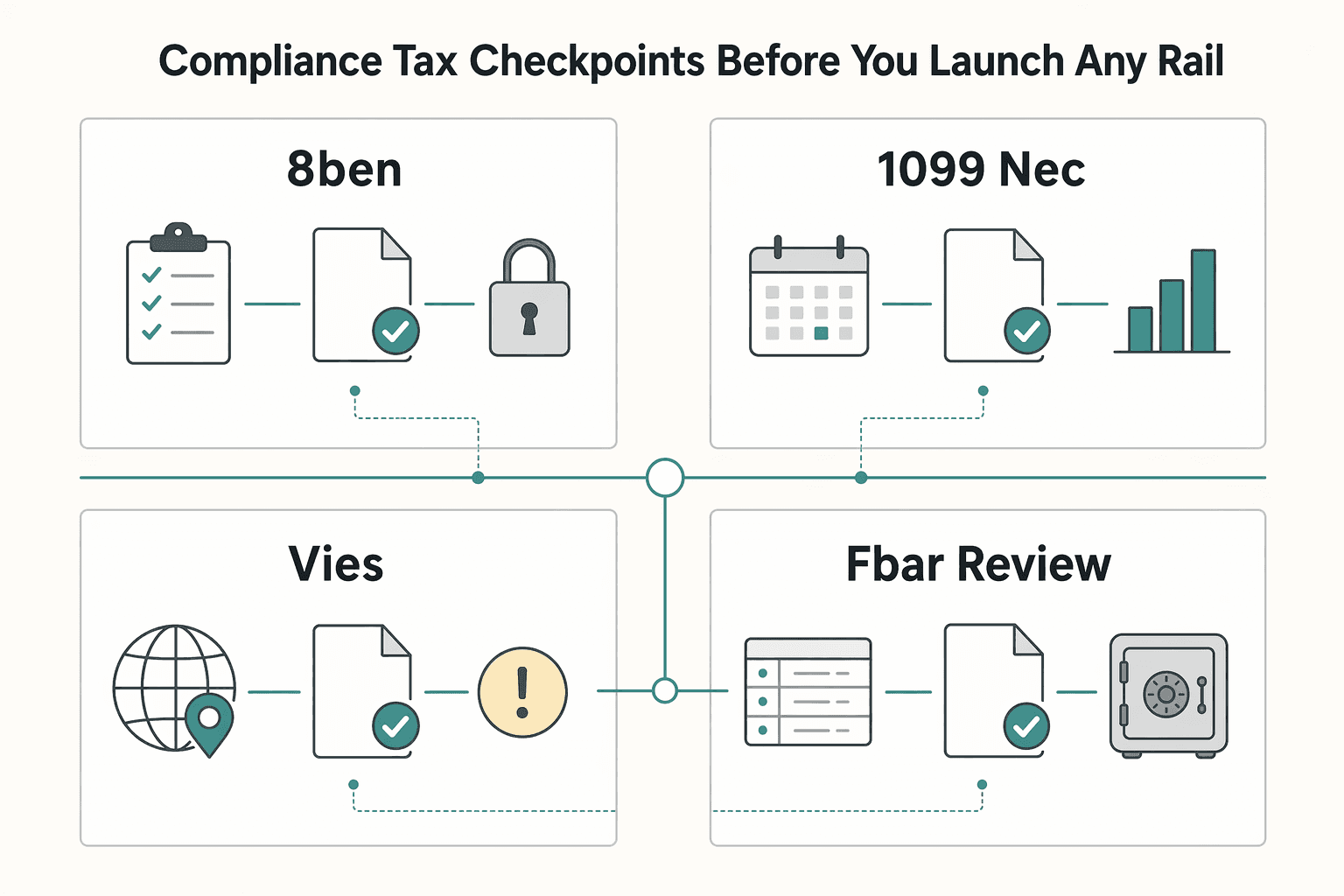 Diagram showing Compliance and tax checkpoints before you launch any rail for Prepaid Cards as a Payout Method: When They Work for Platforms and When They Don't.