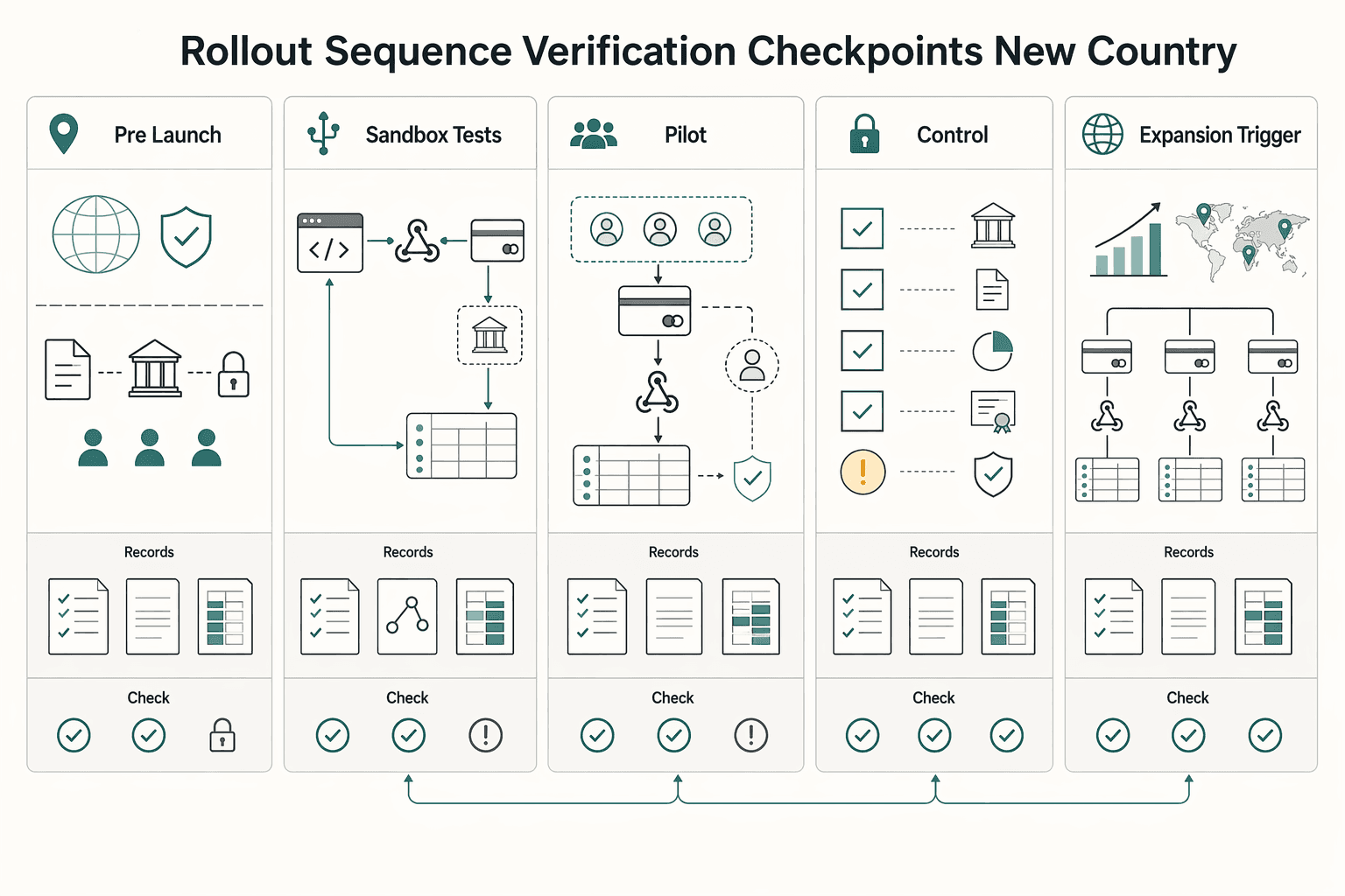 Diagram showing Rollout sequence and verification checkpoints for a new country for How Bug Bounty Platforms Pay Ethical Hackers Across Borders.