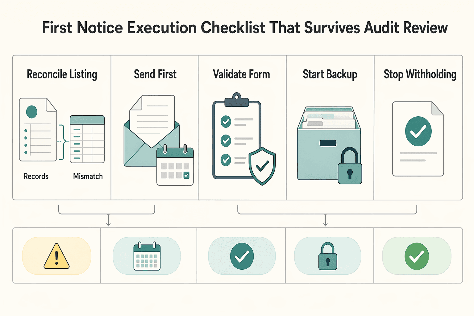 Diagram showing First B Notice execution checklist that survives audit review for IRS B-Notice Procedures for Platform Contractor TIN Mismatches.