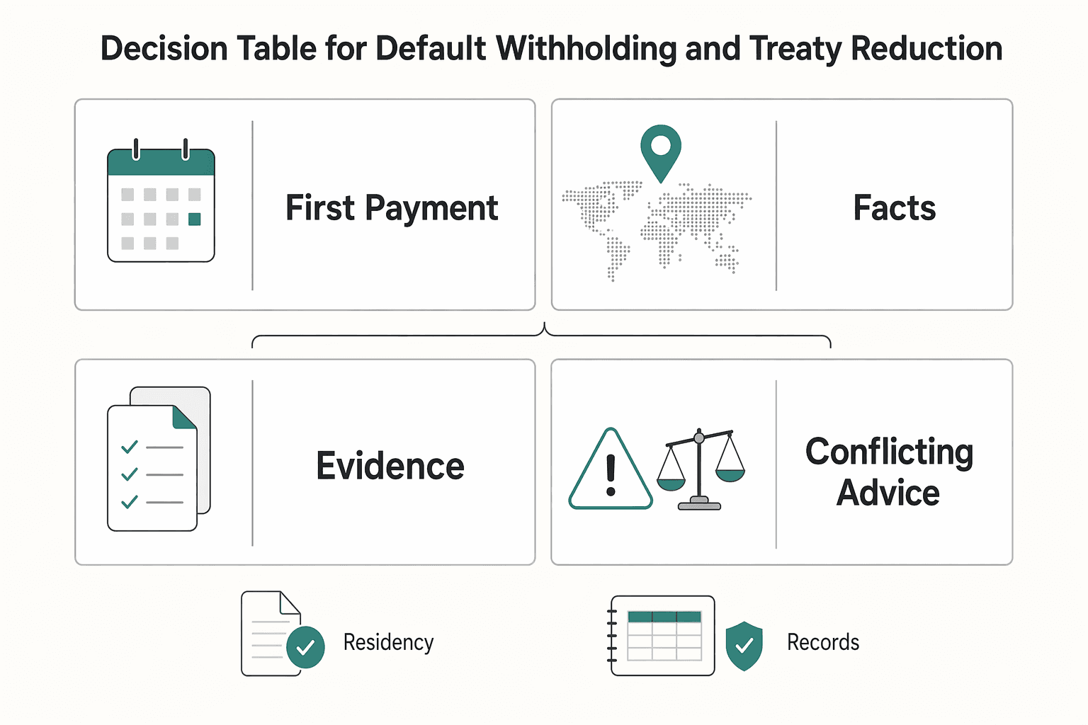 Diagram showing Decision Table for Default Withholding and Treaty Reduction for Non-Resident Withholding on Contractor Payments: Platform Guide to the 30% Rule and Tre....