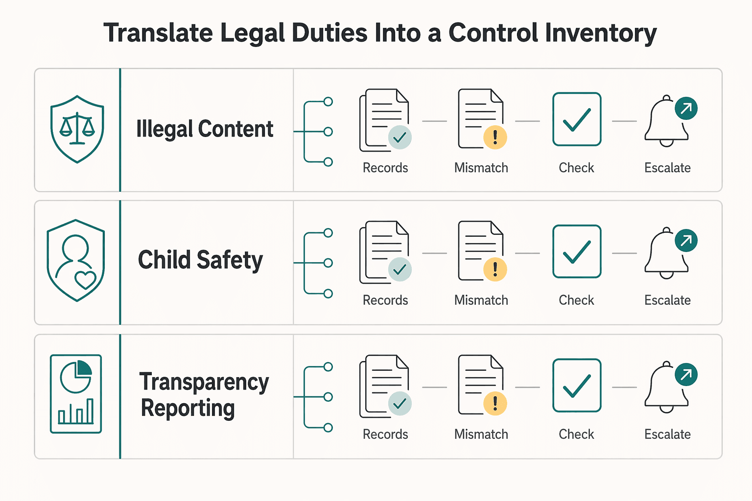 Diagram showing Translate legal duties into a control inventory for UK Online Safety Act Compliance for Marketplace and Platform Operators.