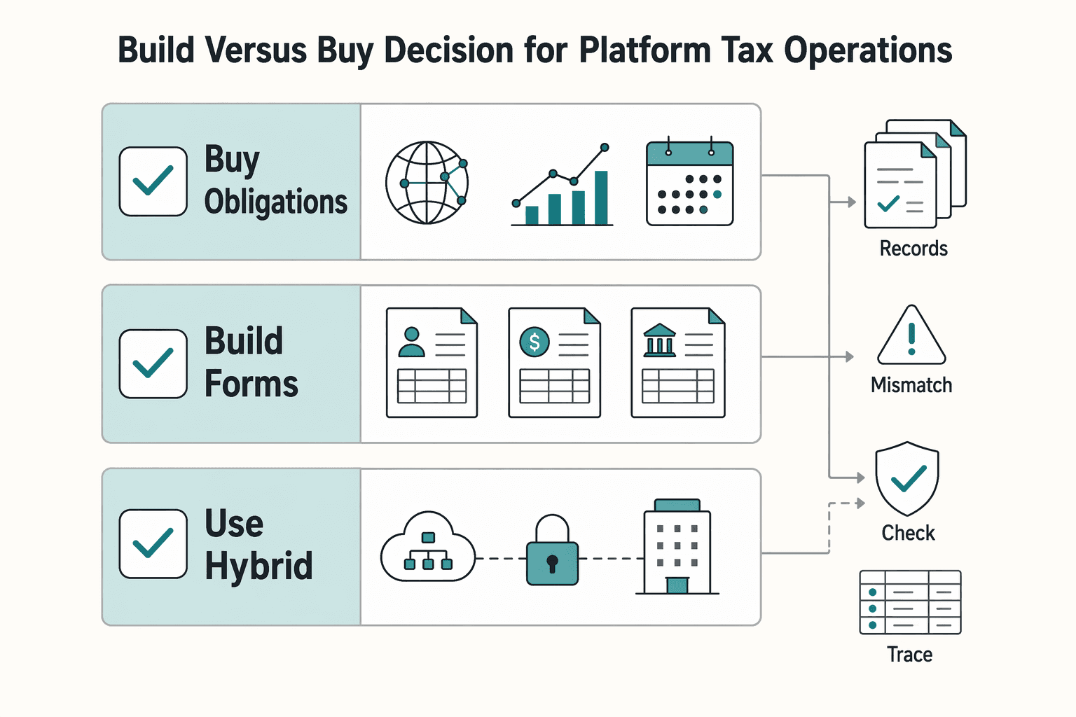 Diagram showing Build versus buy decision for platform tax operations for Gig Worker Tax Compliance at Scale: How Platforms Handle 1099s W-8s and DAC7 for 50000+ Contractors.
