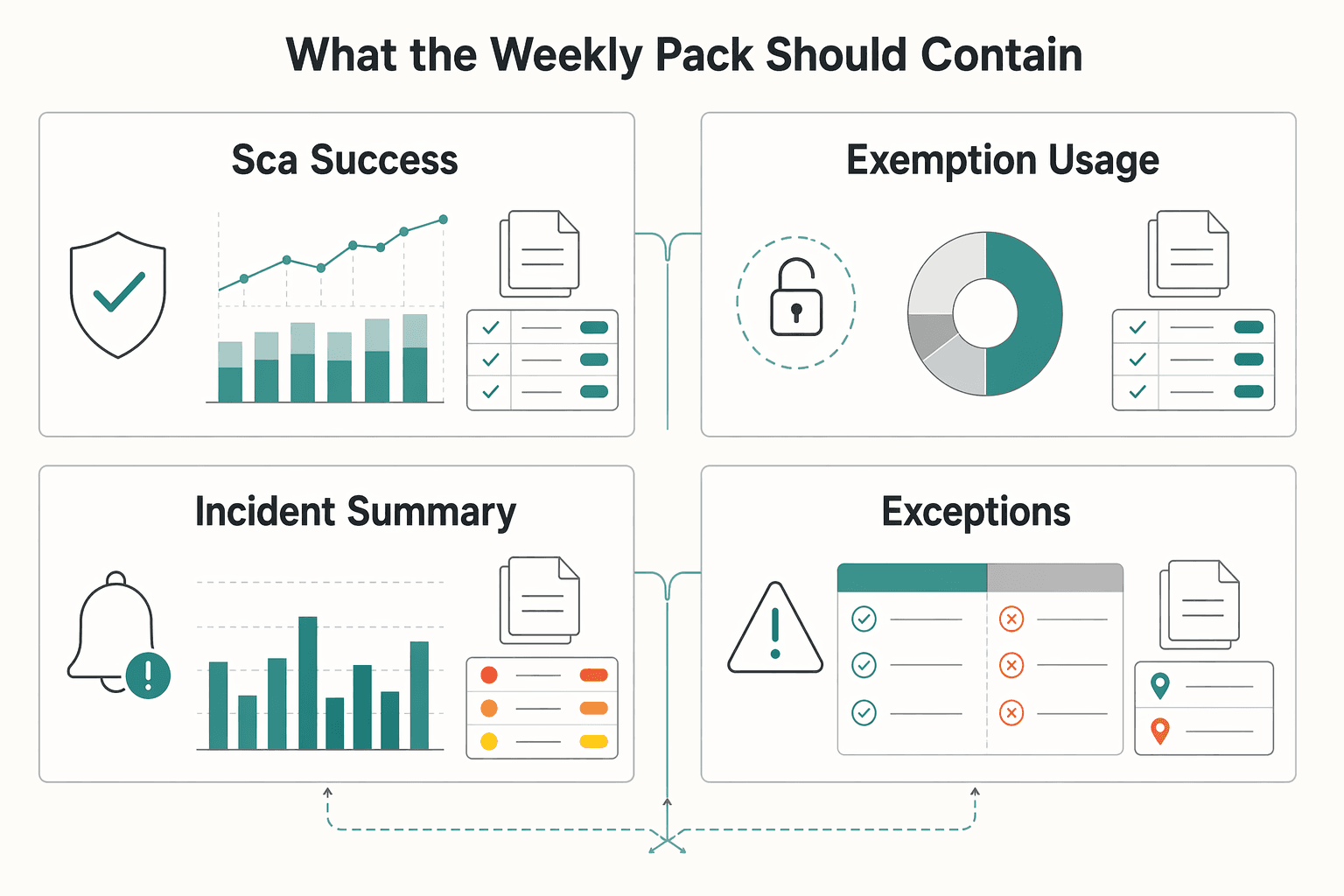 Diagram showing What the weekly pack should contain for PSD2 Strong Customer Authentication for EU Platforms.