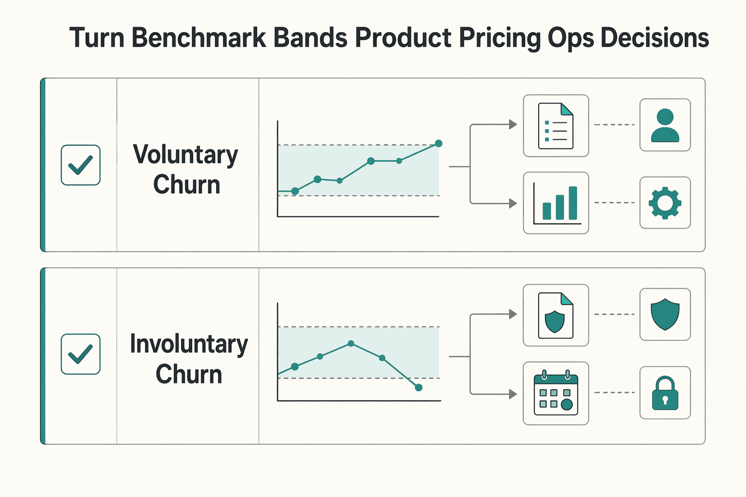 Diagram showing Turn Benchmark Bands Into Product Pricing and Ops Decisions for Churn Rate Benchmarks by Industry for Payment Platforms.