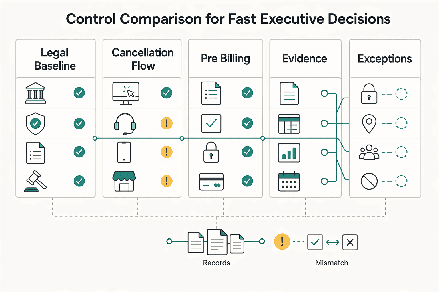Diagram showing Control comparison for fast executive decisions for FTC Click-to-Cancel Rule Status: 6 Controls Subscription Platforms Should Prioritize.