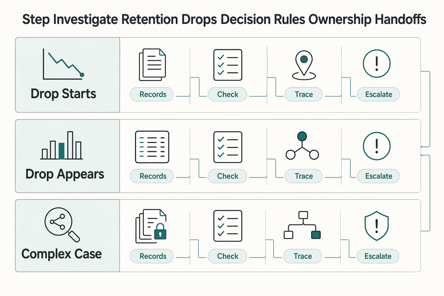 Diagram showing Step 3 investigate retention drops with decision rules and ownership handoffs for How to Use Cohort Analysis to Understand Subscriber Retention on Your Platform.