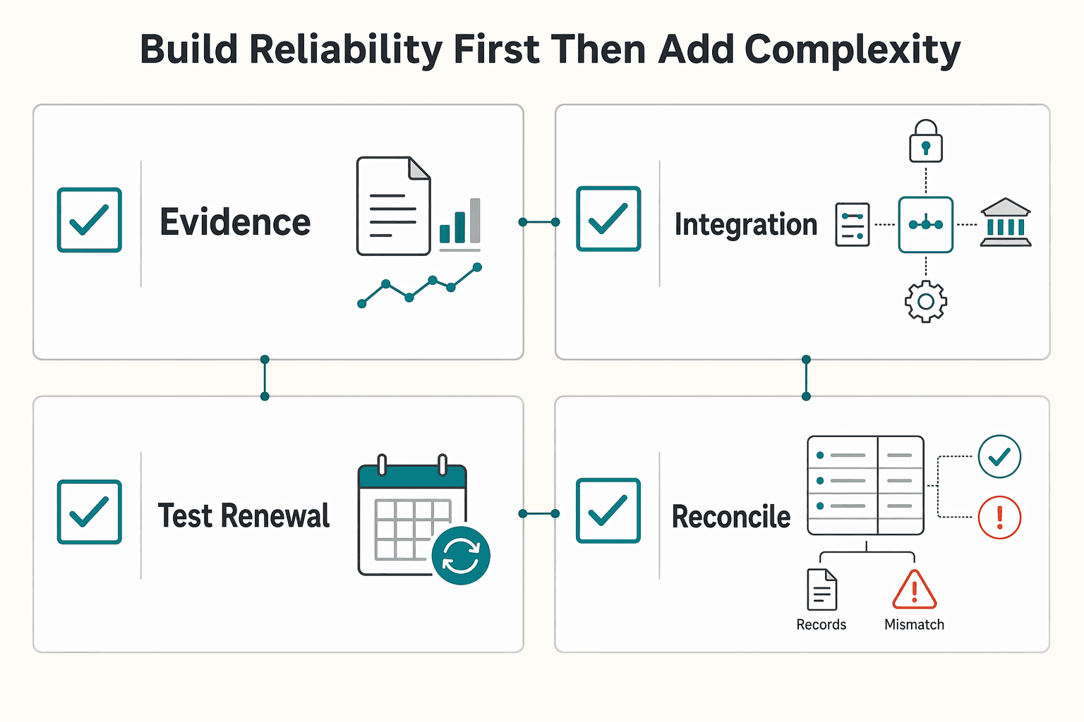 Diagram showing Build reliability first, then add complexity for Non-Profit Membership Billing for Recurring Donations and Member Tiers.