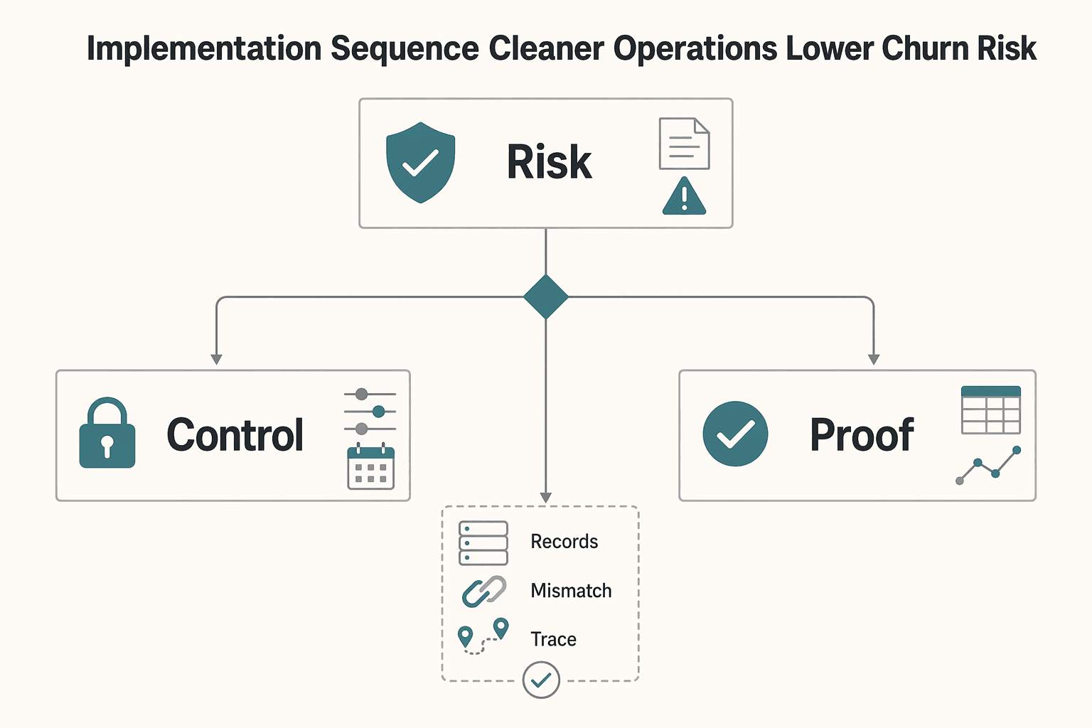 Diagram showing Implementation sequence for cleaner operations and lower churn risk for B2B SaaS vs B2C Subscription Billing and Churn Differences That Drive Operations.