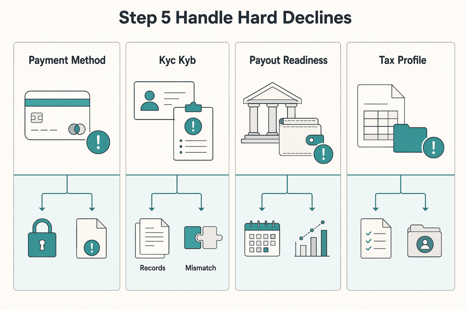 Diagram illustrating Step 5 handle hard declines, compliance holds, and tax-document blockers.
