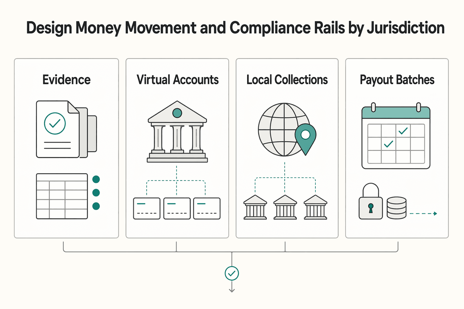 Diagram showing Design money movement and compliance rails by jurisdiction for Future Subscription Commerce Predictions for Platform Operators Through 2027.