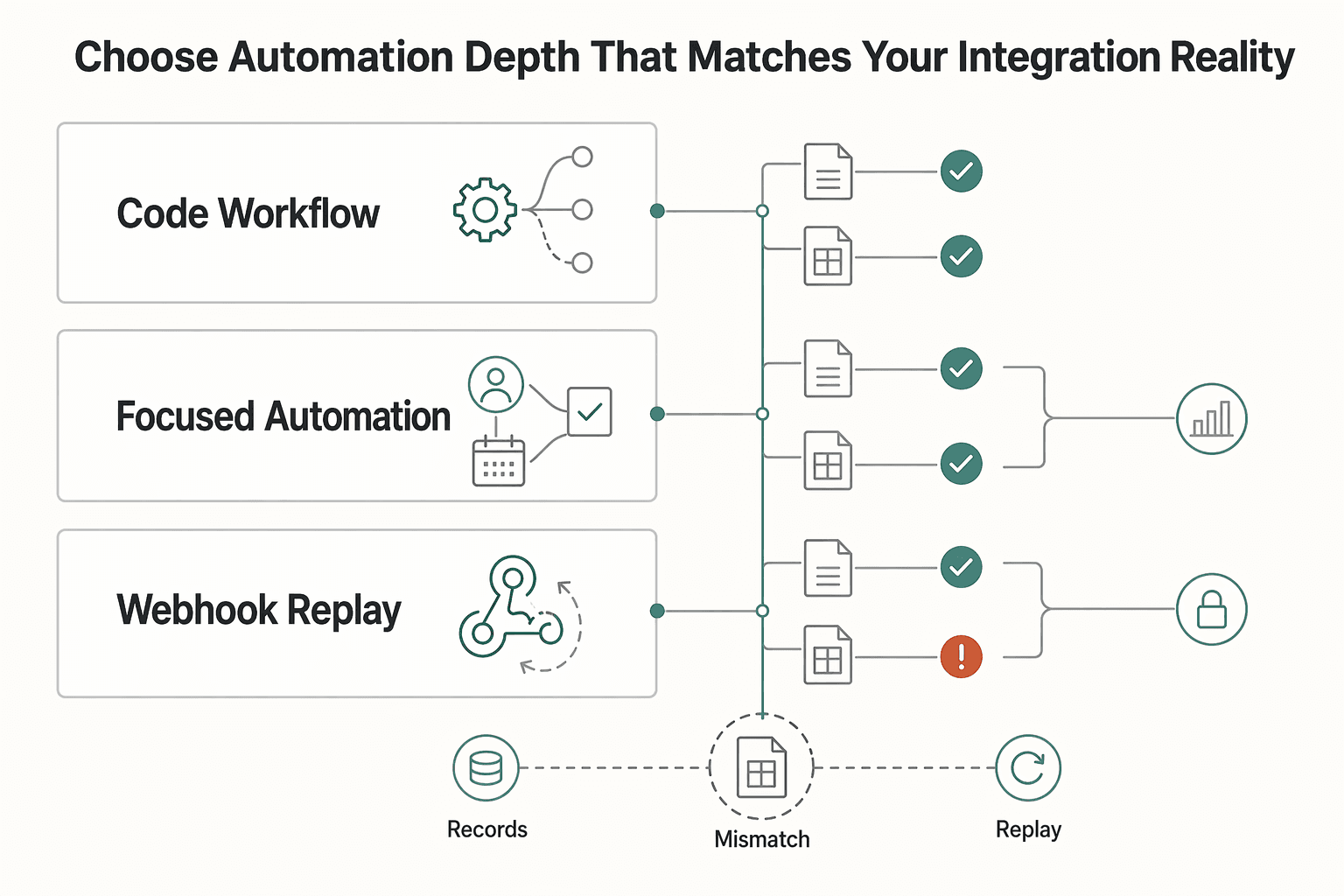 Diagram showing Choose automation depth that matches your integration reality for Purchase Order vs Invoice in Platform P2P Systems.