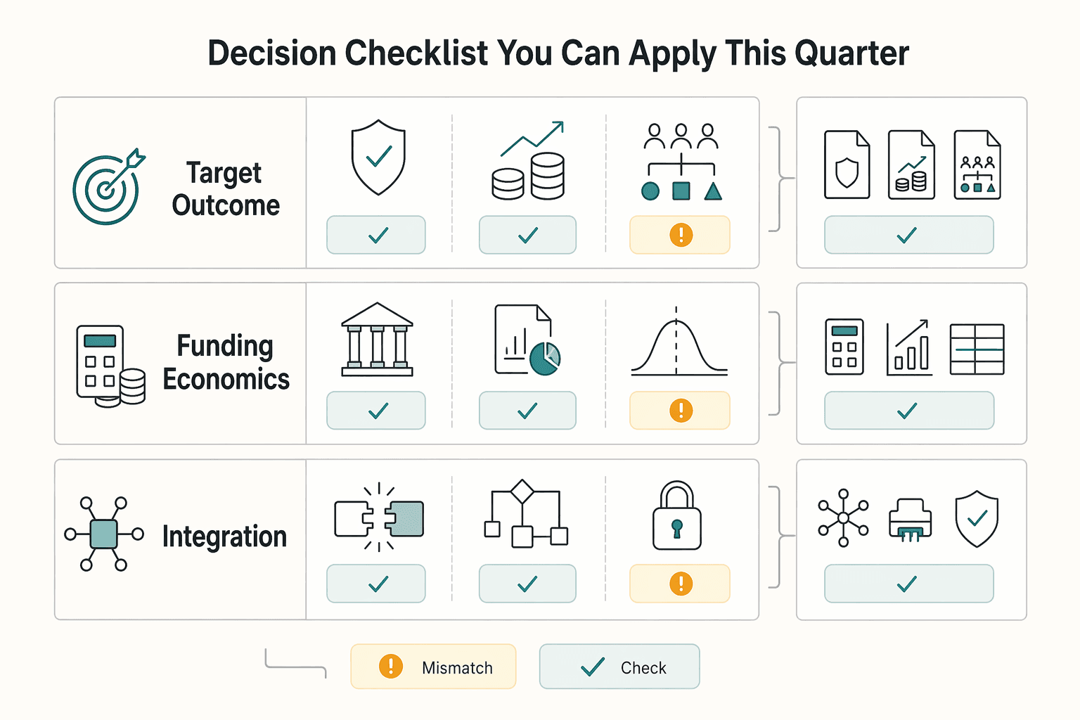 Diagram showing Decision checklist you can apply this quarter for Dynamic Discounting vs. Supply Chain Finance for Platform Unit Economics.