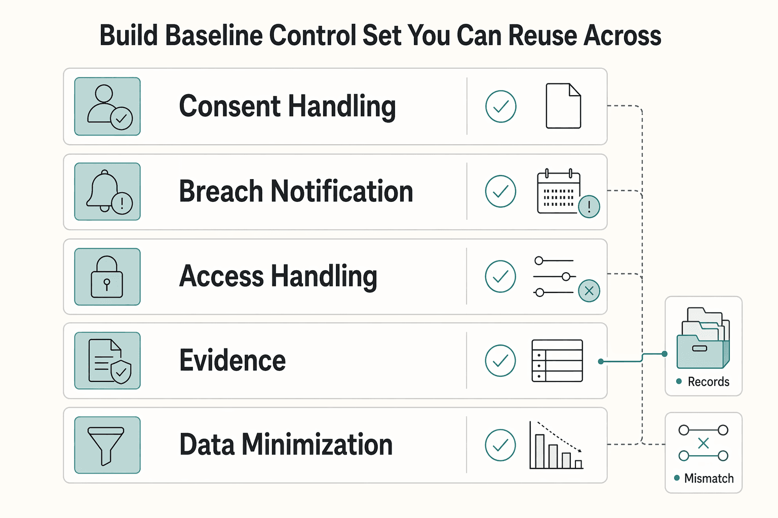 Diagram showing Build a baseline control set you can reuse across countries for Global Data Privacy Laws for Freelancers Working Across Borders.