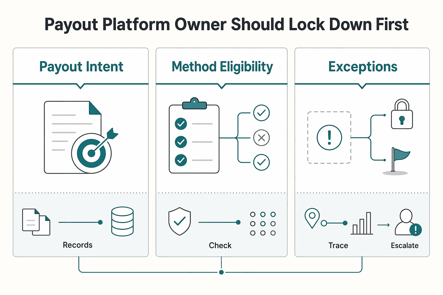 Diagram showing What a payout platform owner should lock down first for Gift Card Payouts for Platforms When to Use Gift Cards vs Cash.