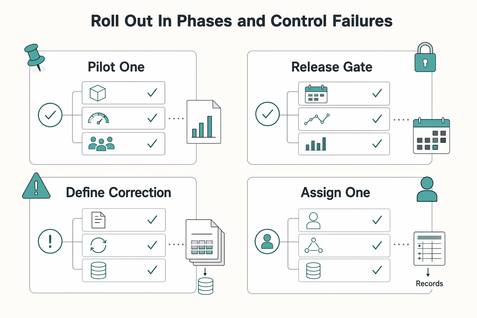 Diagram showing Roll out in phases and control failures for Usage-Based Billing for Platforms That Holds Up at Month-End Close.