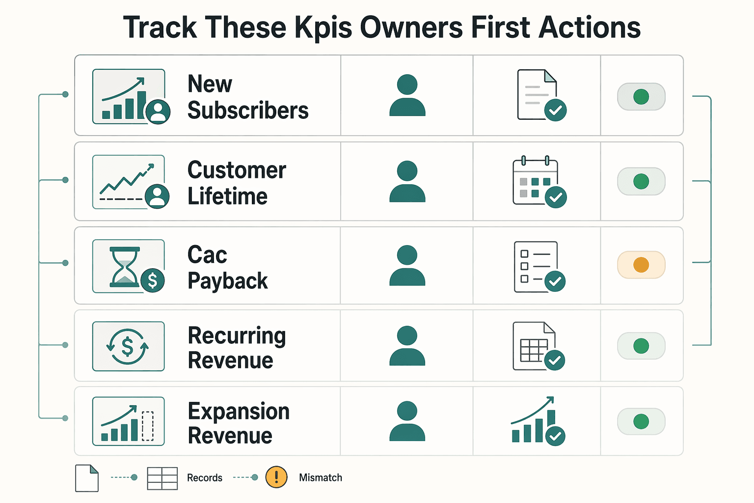 Diagram showing Track these 12 KPIs with owners and first actions for Subscription Analytics Dashboard: 12 KPIs Every Platform Finance Team Should Track.