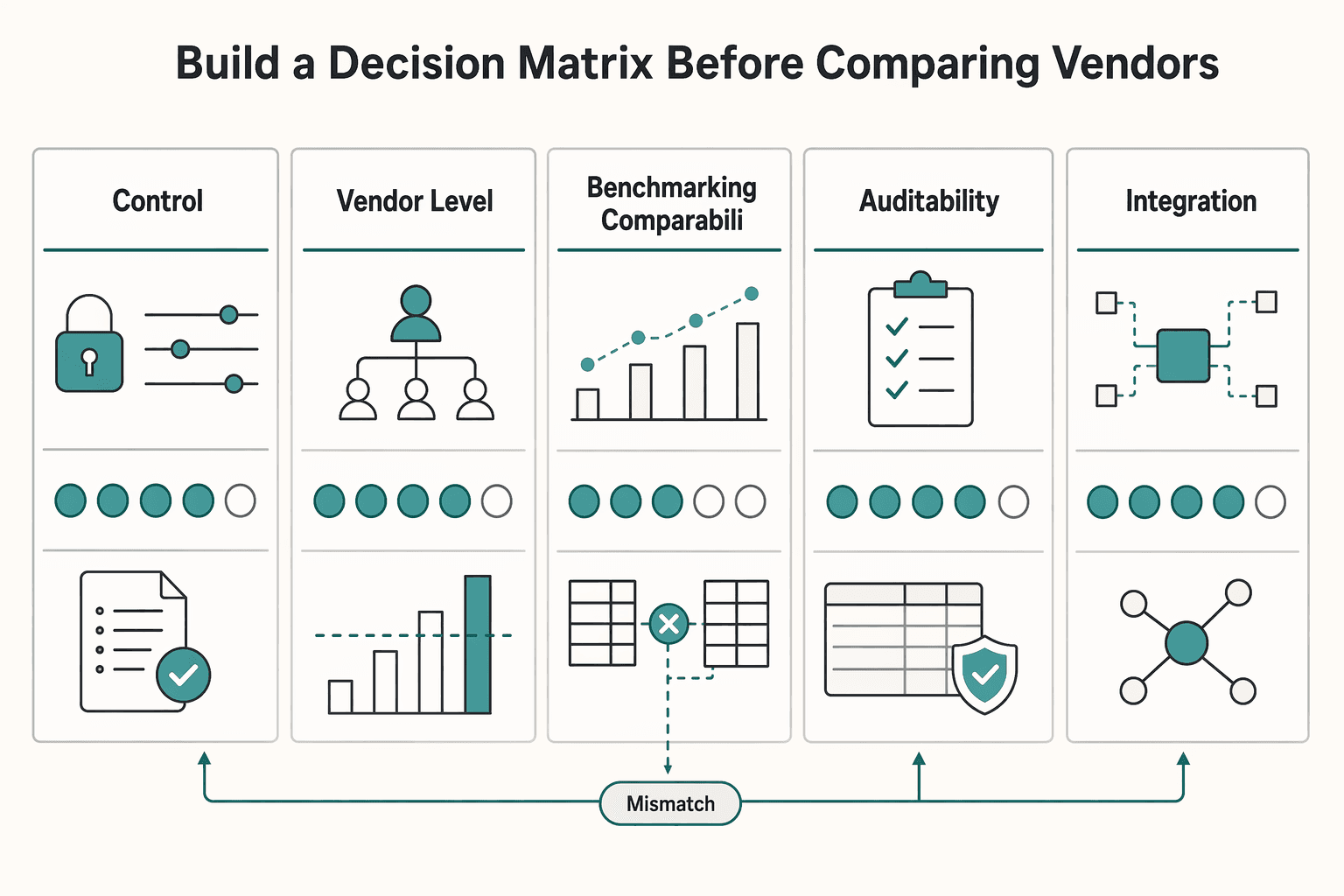 Diagram showing Build a decision matrix before comparing vendors for Spend Analysis for Platform Finance Teams to Categorize and Benchmark Vendor Payments.