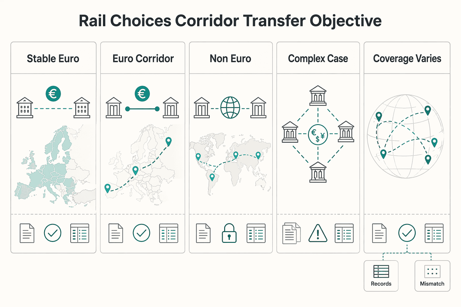 Diagram showing Rail and FX choices by corridor and transfer objective for Intercompany Payments for Multi-Entity Platforms in Cross-Border Transfers.