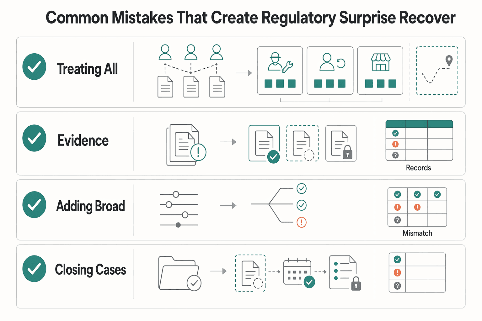 Diagram showing Common mistakes that create regulatory surprise and how to recover for Stopping First-Party Fraud on Gig Platforms When Contractor Work Is Falsified.