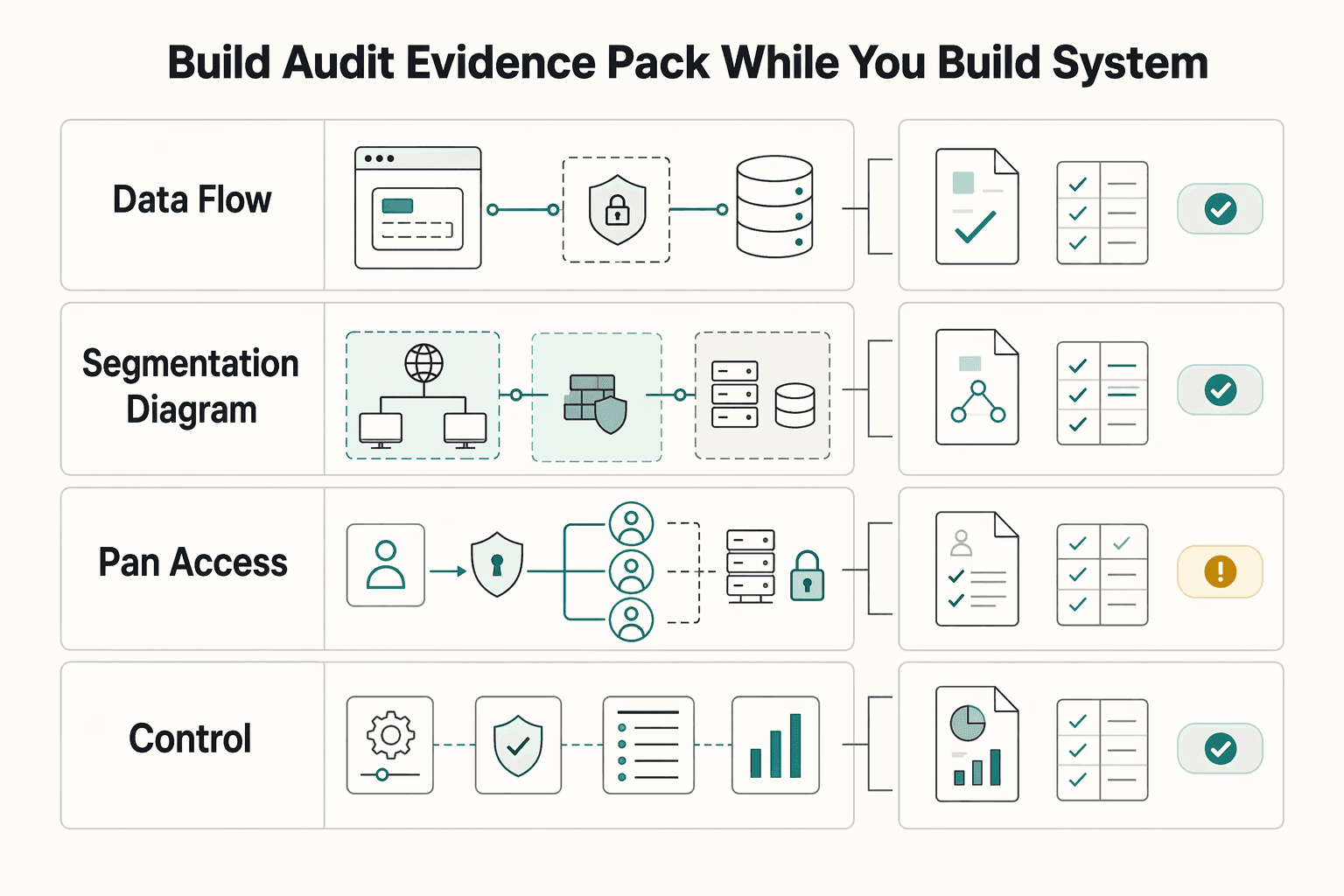 Diagram showing Build the audit evidence pack while you build the system for PCI Scope Reduction With Hosted Fields and Tokenization.