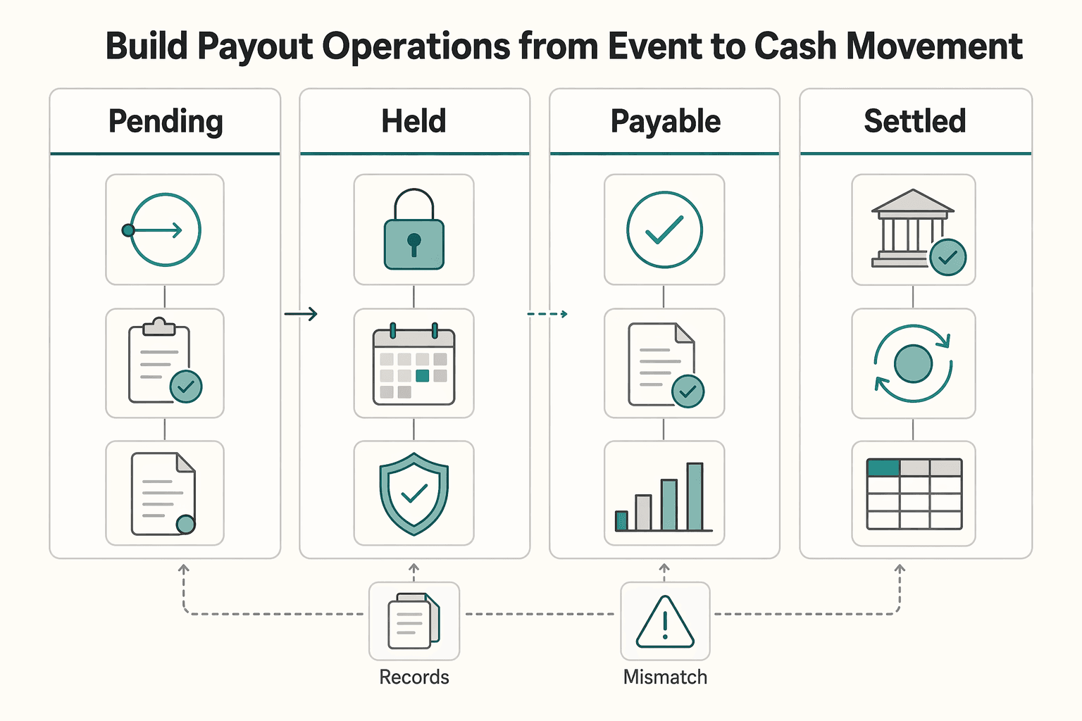 Diagram showing Build payout operations from event to cash movement for How to Structure Platform Revenue Sharing Without Margin Drift.