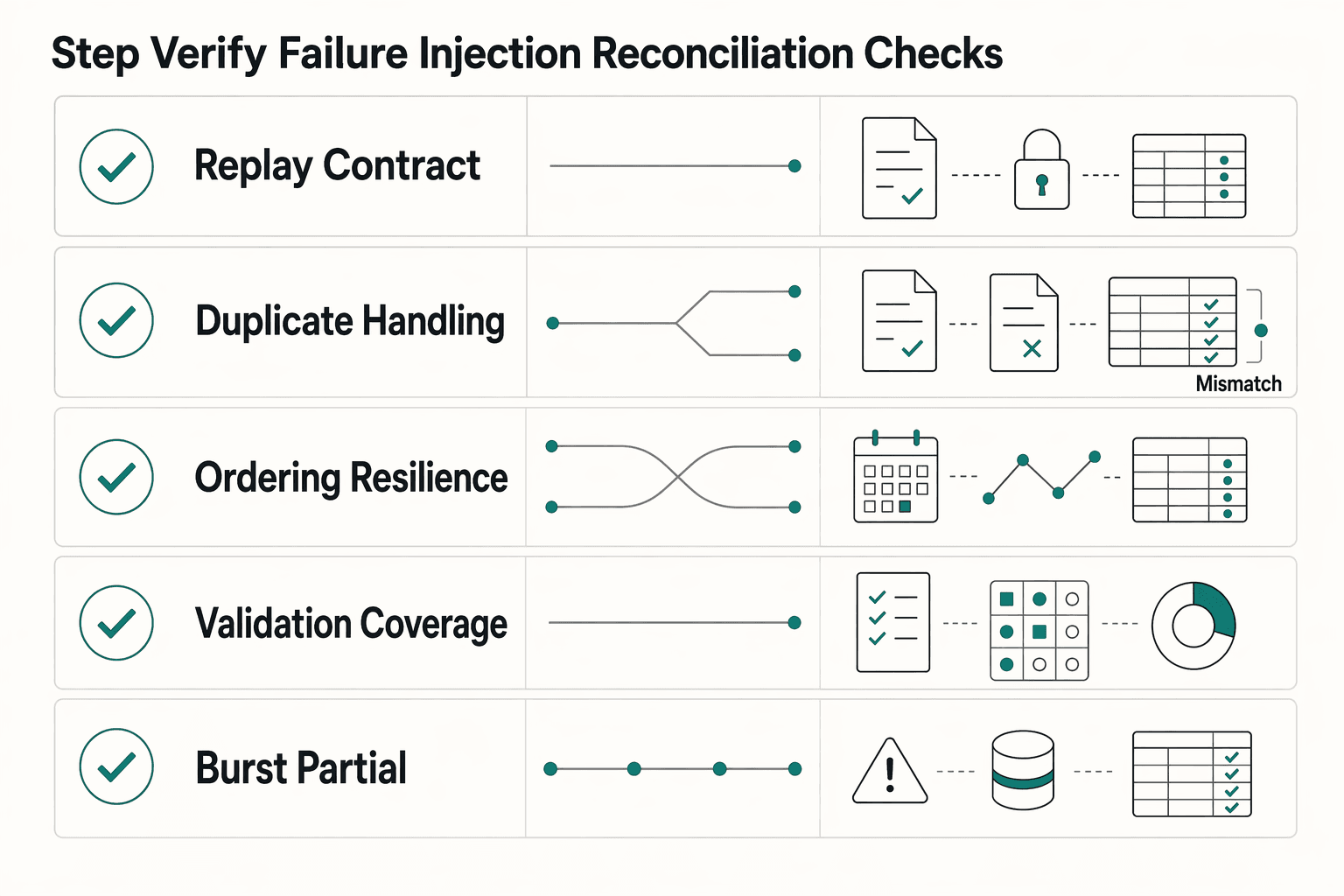 Diagram showing Step 6 Verify with failure injection and reconciliation checks for Prevent Duplicate Payouts and Double Charges with Idempotent Payment APIs.