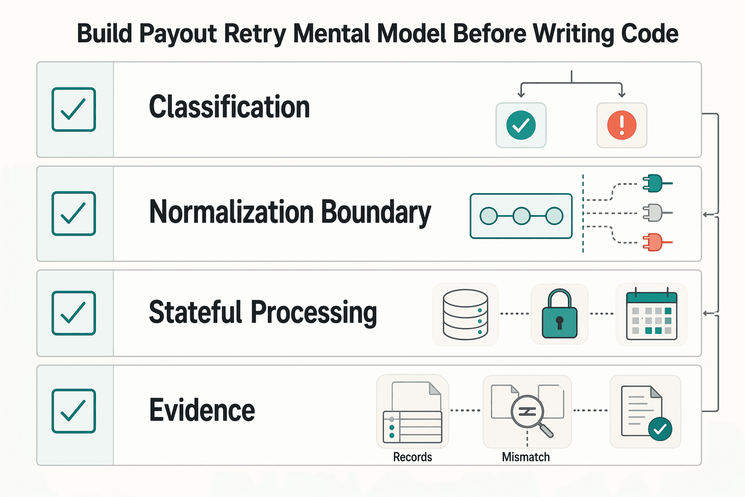 Diagram showing Build the payout retry mental model before writing code for Retry Logic for Failed Payouts with Exponential Backoff and Error Classification.