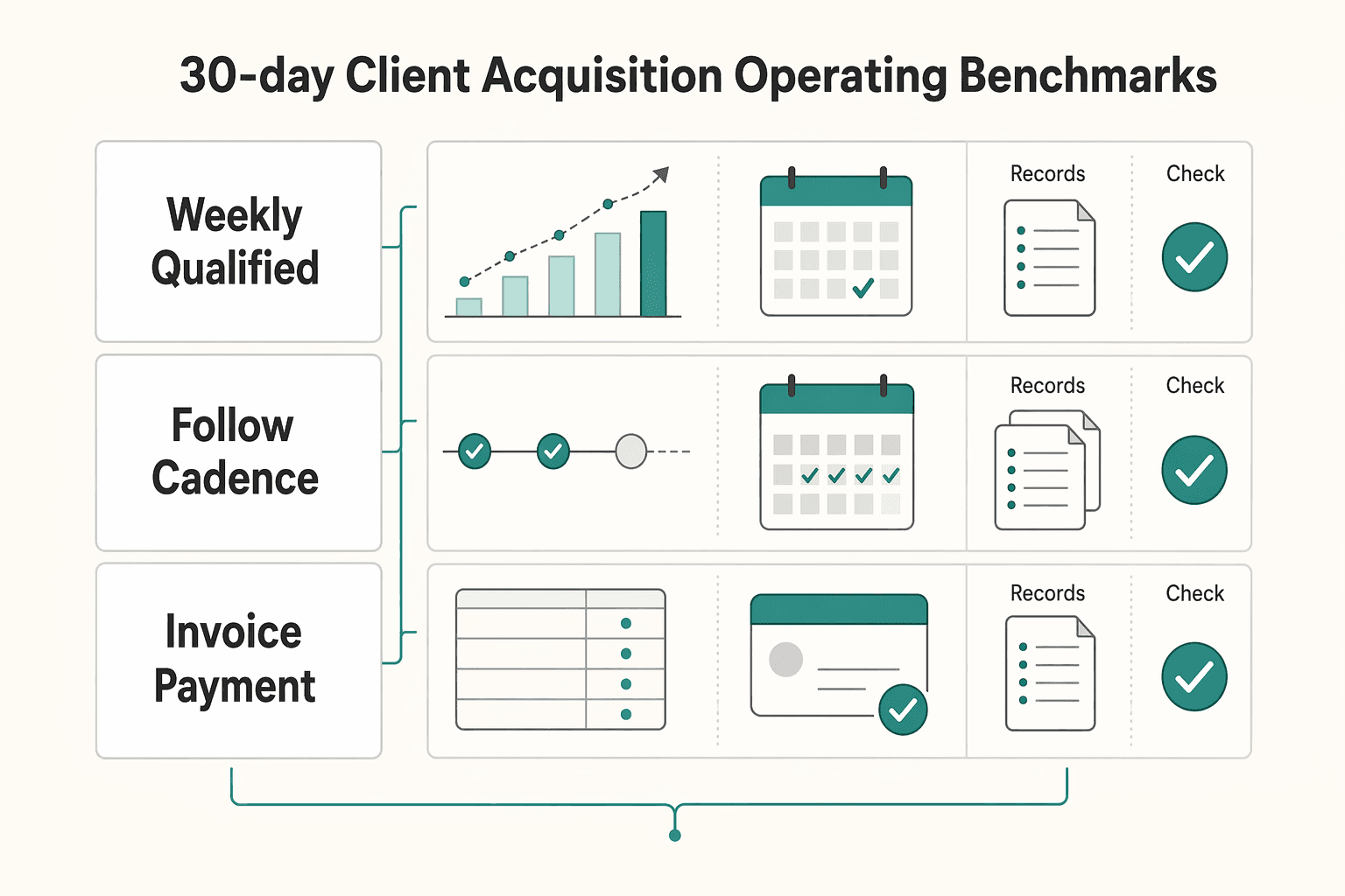 Diagram showing Reference Pack: 30-Day Client Acquisition Operating Benchmarks for How to Find Your First Freelance Client.