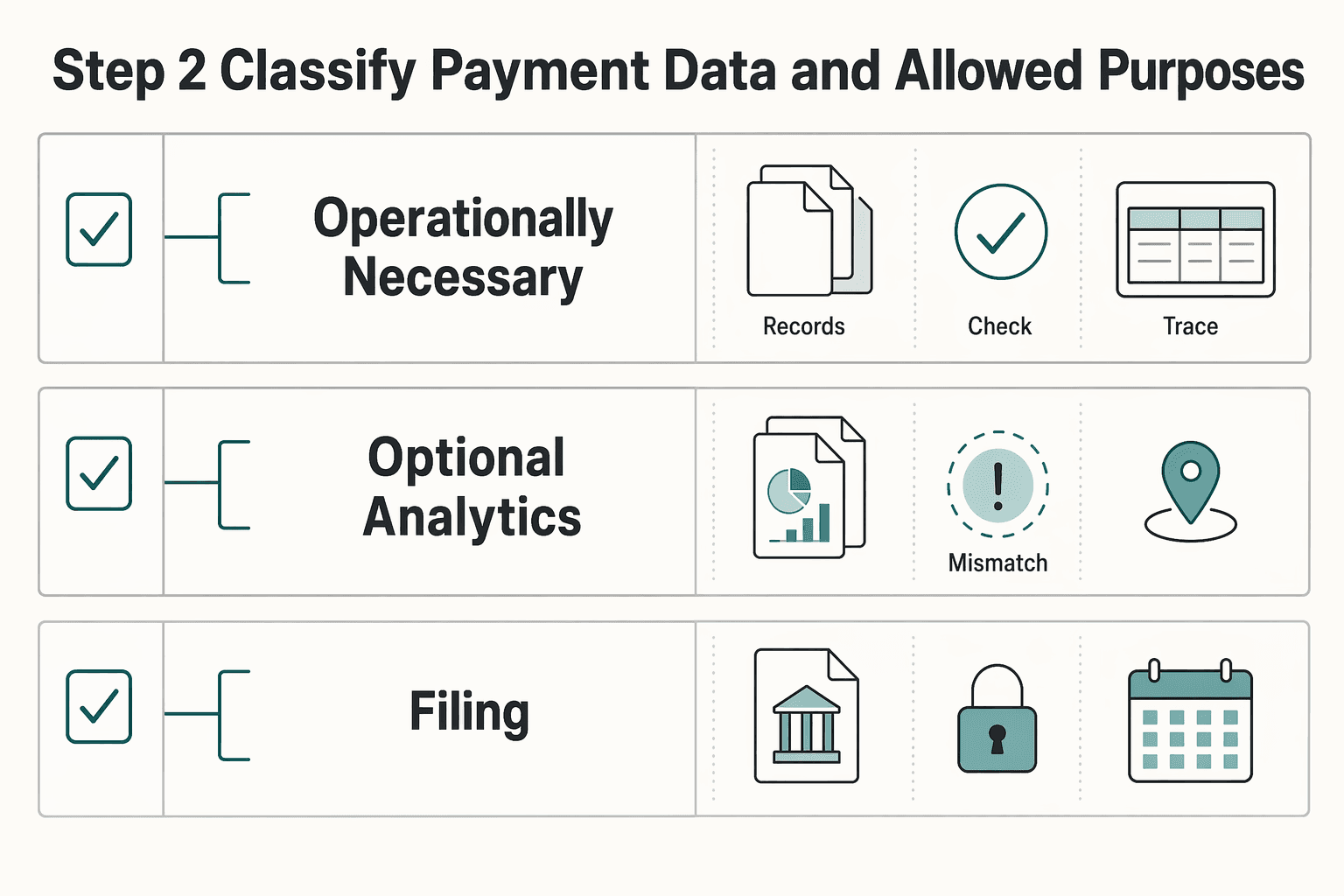 Diagram showing Step 2 classify payment data and allowed purposes for Structuring a Platform Privacy Policy for Payment Data Across GDPR and CCPA/CPRA.