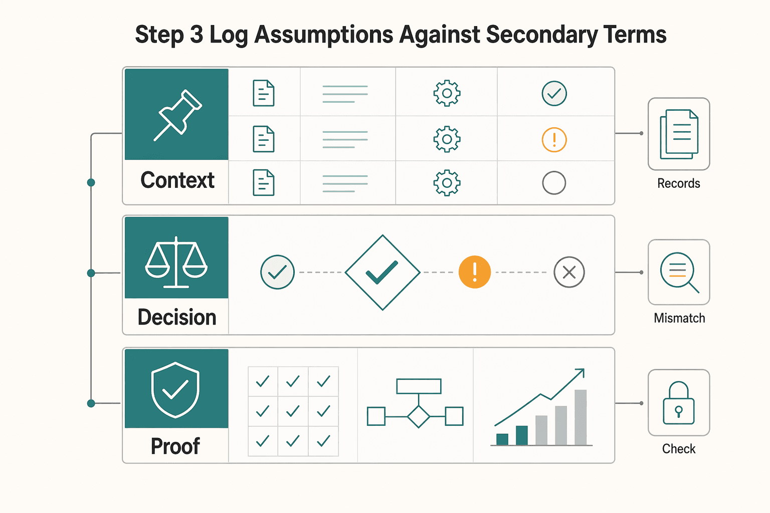 Diagram showing Step 3. Log assumptions against secondary terms, then mark gaps for Pay Contractors in South Africa with RTGS and EFT Decisions That Hold Up.