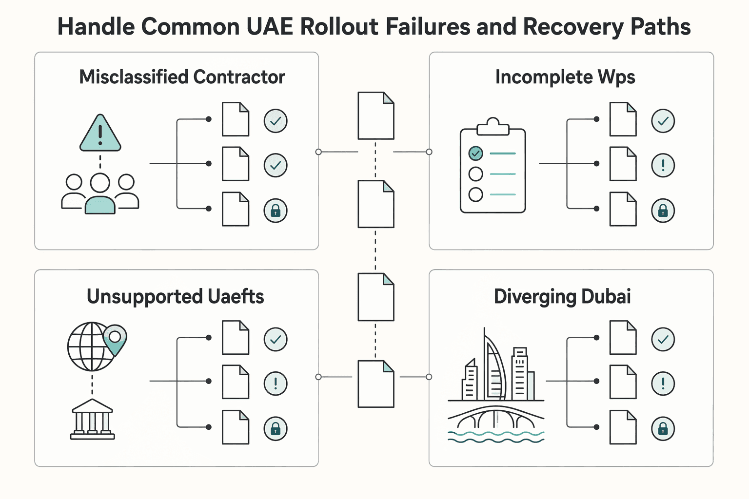 Diagram showing Handle common UAE rollout failures and recovery paths for Pay Contractors in UAE with Clear WPS Boundaries and UAEFTS Checks.