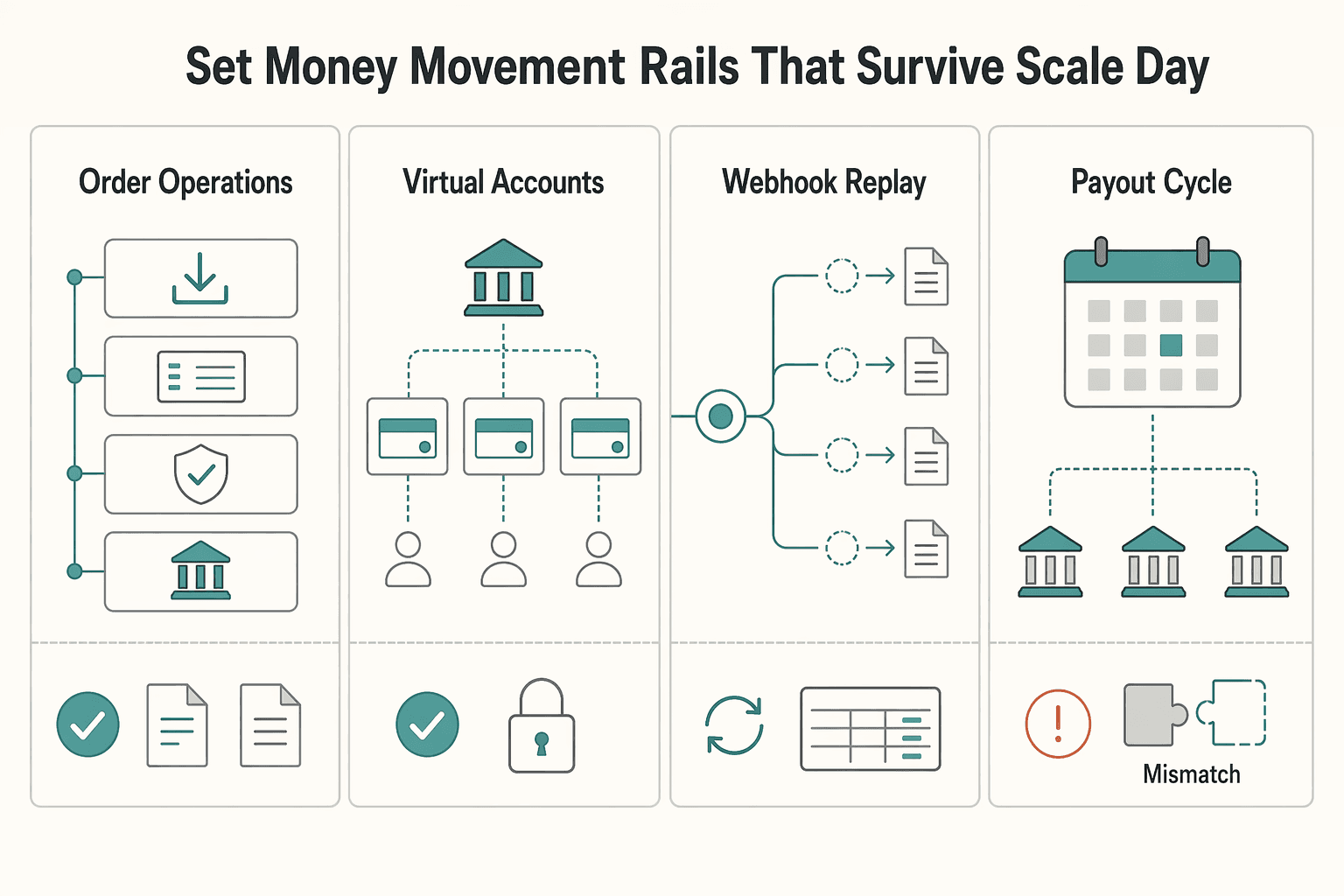 Diagram showing Set up money movement rails that survive scale day for Building a Two-Sided B2B Marketplace to Reach $100M GMV.