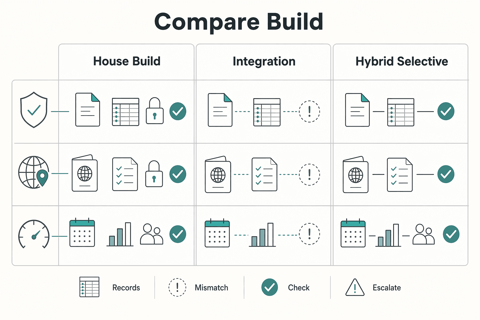 Diagram showing Compare build, buy, and hybrid using explicit decision criteria for Building Payment Infrastructure In-House: Engineering, Compliance, and Maintenance Costs.