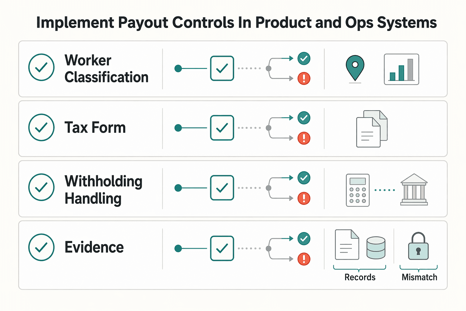 Diagram showing Implement payout controls in product and ops systems for US-Canada Contractor Payment Compliance Under Article XV.