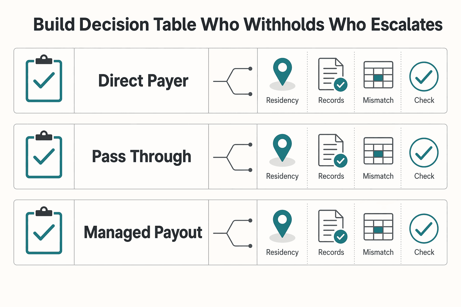 Diagram showing Build a decision table for who withholds and who escalates for US-Germany Treaty Withholding Decisions for Contractor Platform Payouts.