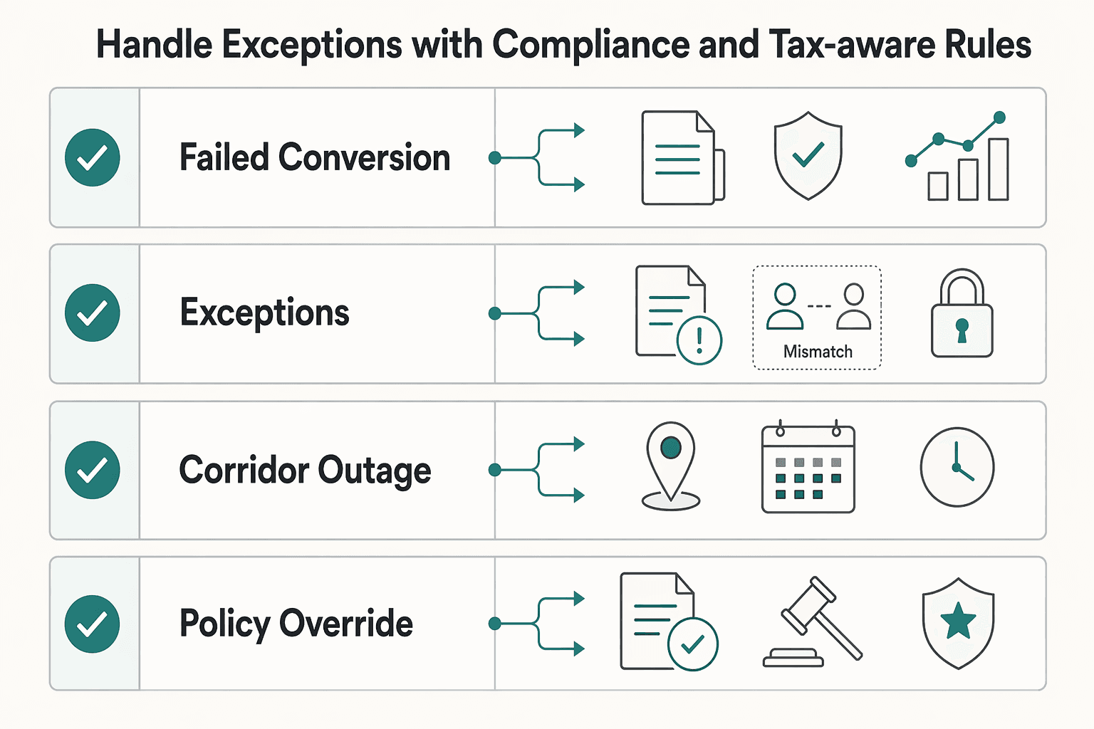 Diagram showing Handle exceptions with compliance and tax-aware rules for Setting FX Markup Policies for Marketplaces That Protect Margin and Contractor Trust.