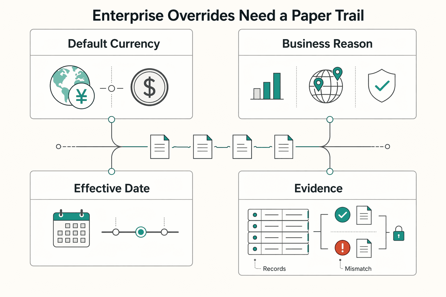 Diagram showing Enterprise overrides need a paper trail for Local Currency Payouts vs USD Payouts for Contractor Platforms.
