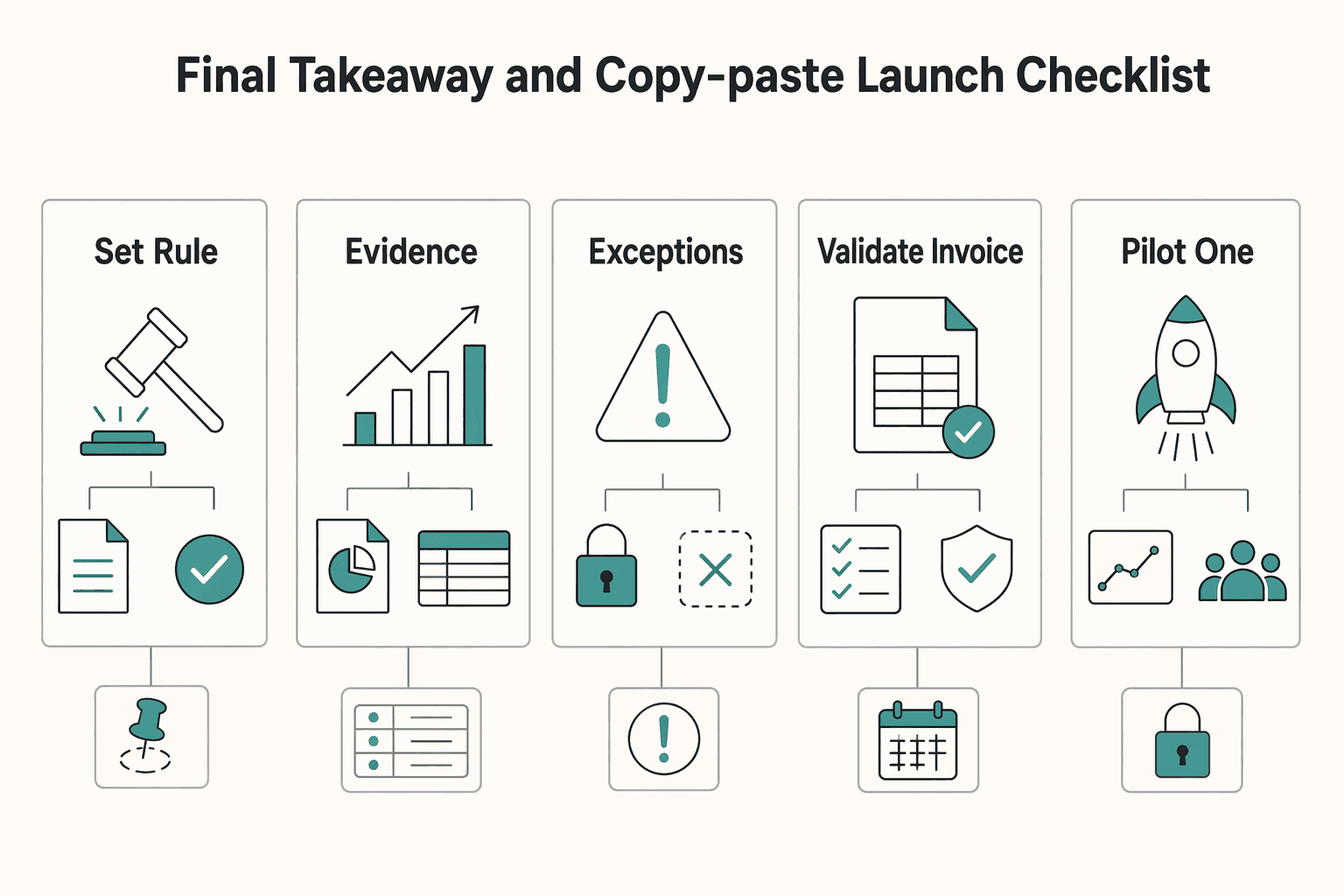 Diagram showing Final takeaway and copy-paste launch checklist for Early Payment Discounts for Platforms: How to Offer 2/10 Net 30 and Calculate the ROI.