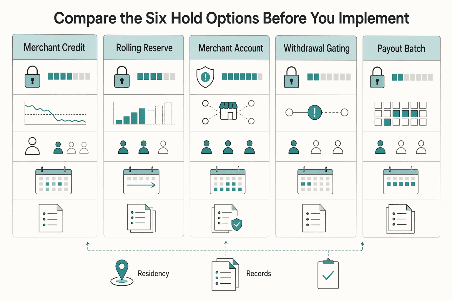 Diagram showing Compare the six hold options before you implement for How Platforms Use Temporary Fund Freezes Without Overreaching.
