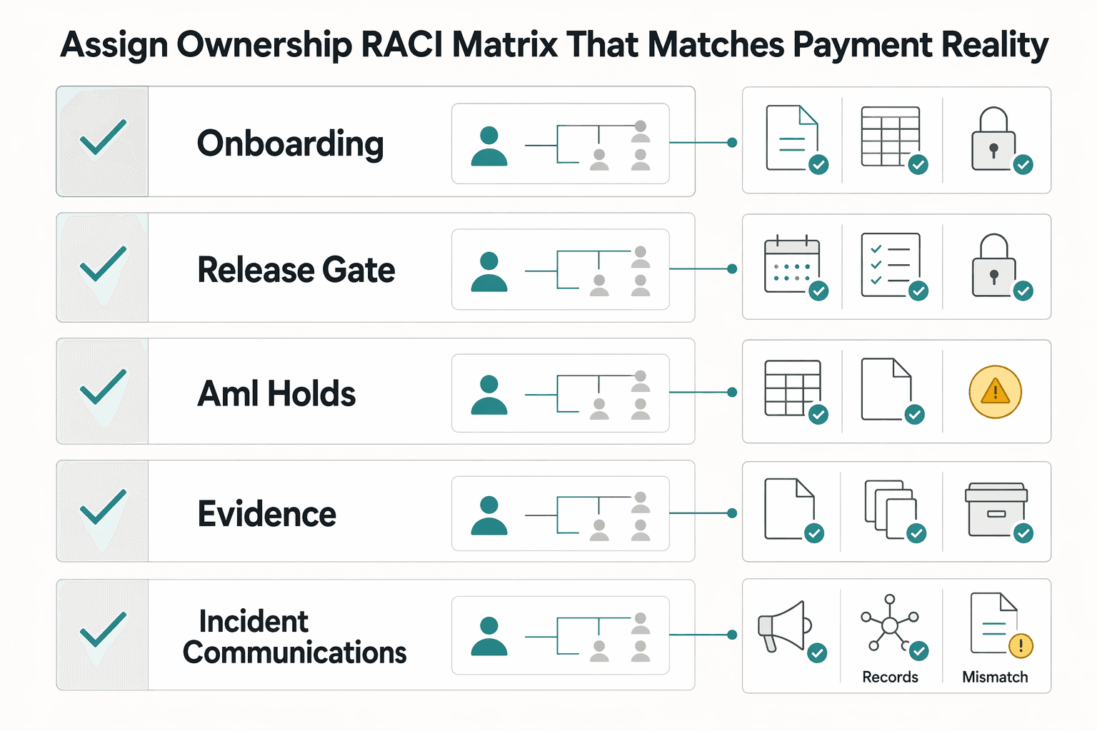 Diagram showing Assign ownership with a RACI matrix that matches payment reality for How to Build a Compliance Operations Team for a Scaling Payment Platform.