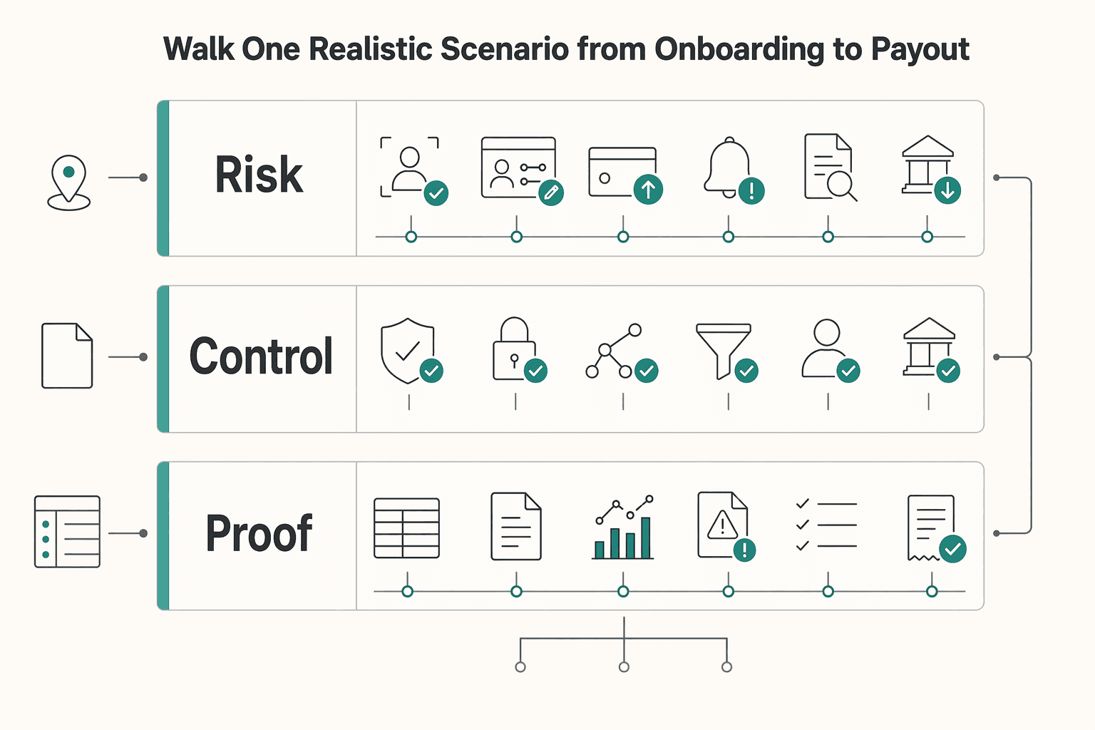 Diagram showing Walk one realistic scenario from onboarding to payout for How to Conduct an Annual AML Risk Assessment for Your Payment Platform.