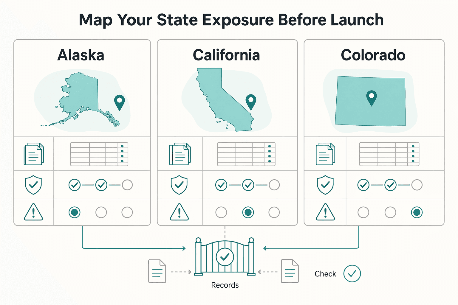 Diagram showing Map your state exposure before launch for State Money Transmitter Licenses: Which US States Require a License for Marketplace Payouts.