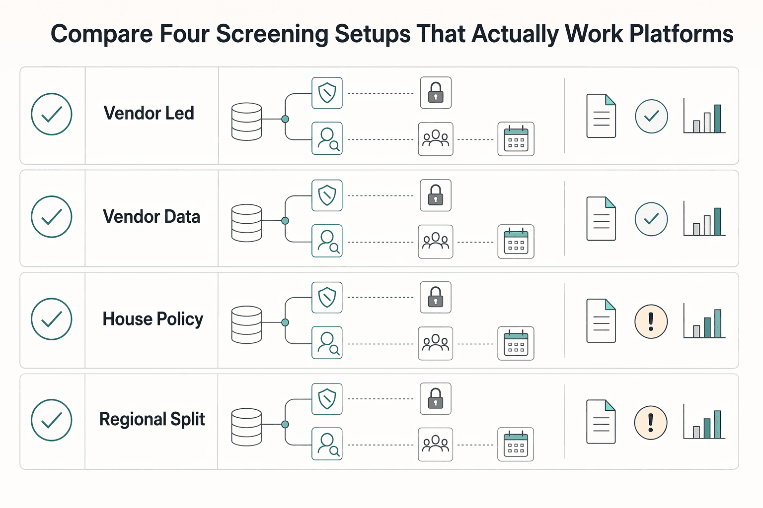 Diagram showing Compare the four screening setups that actually work for platforms for PEP Screening for Cross-Border Platforms and Monitoring Obligations.