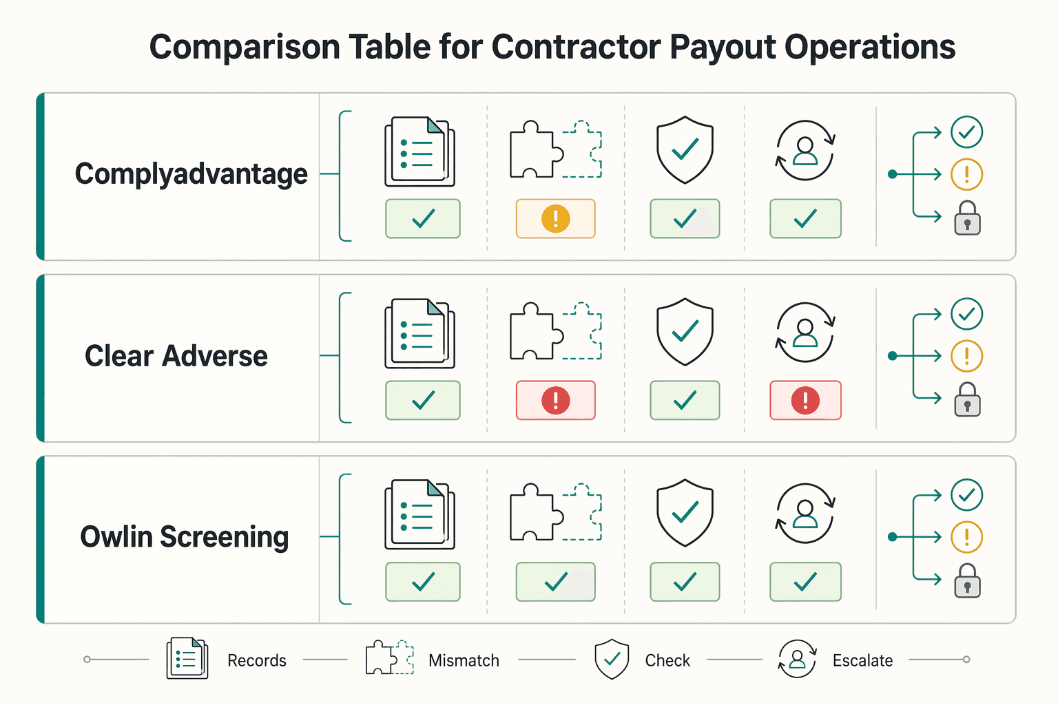 Diagram showing Comparison table for contractor payout operations for Adverse Media Screening for Contractors on Real-Time Payment Platforms.