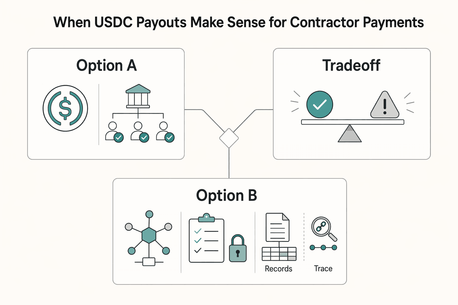 Diagram showing When USDC Payouts Make Sense for Contractor Payments for USDC Contractor Payouts for Platforms and Stablecoin Rollout Decisions.