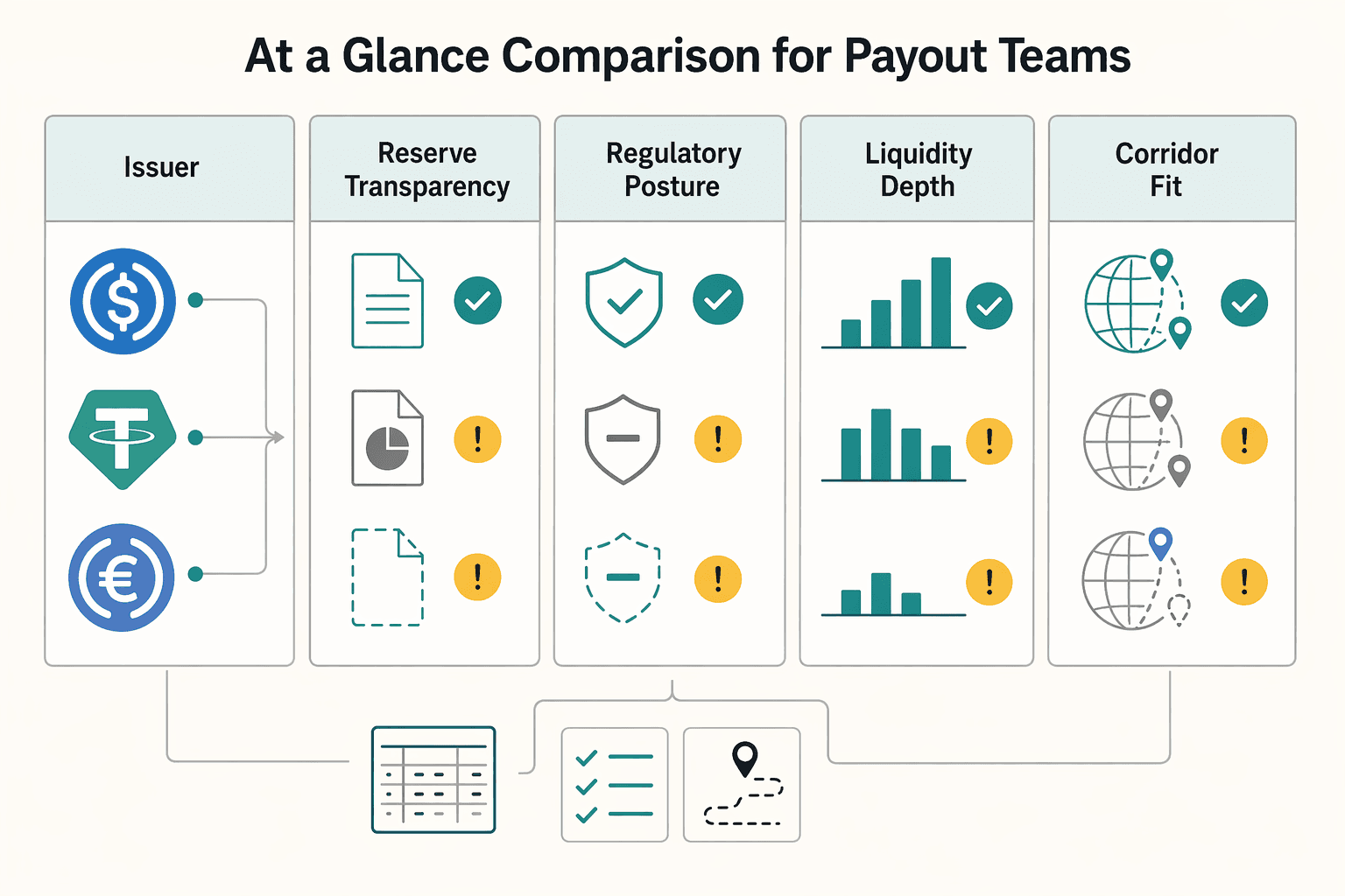 Diagram showing At a glance comparison for payout teams for USDC vs USDT vs EURC for Global Platform Payouts.