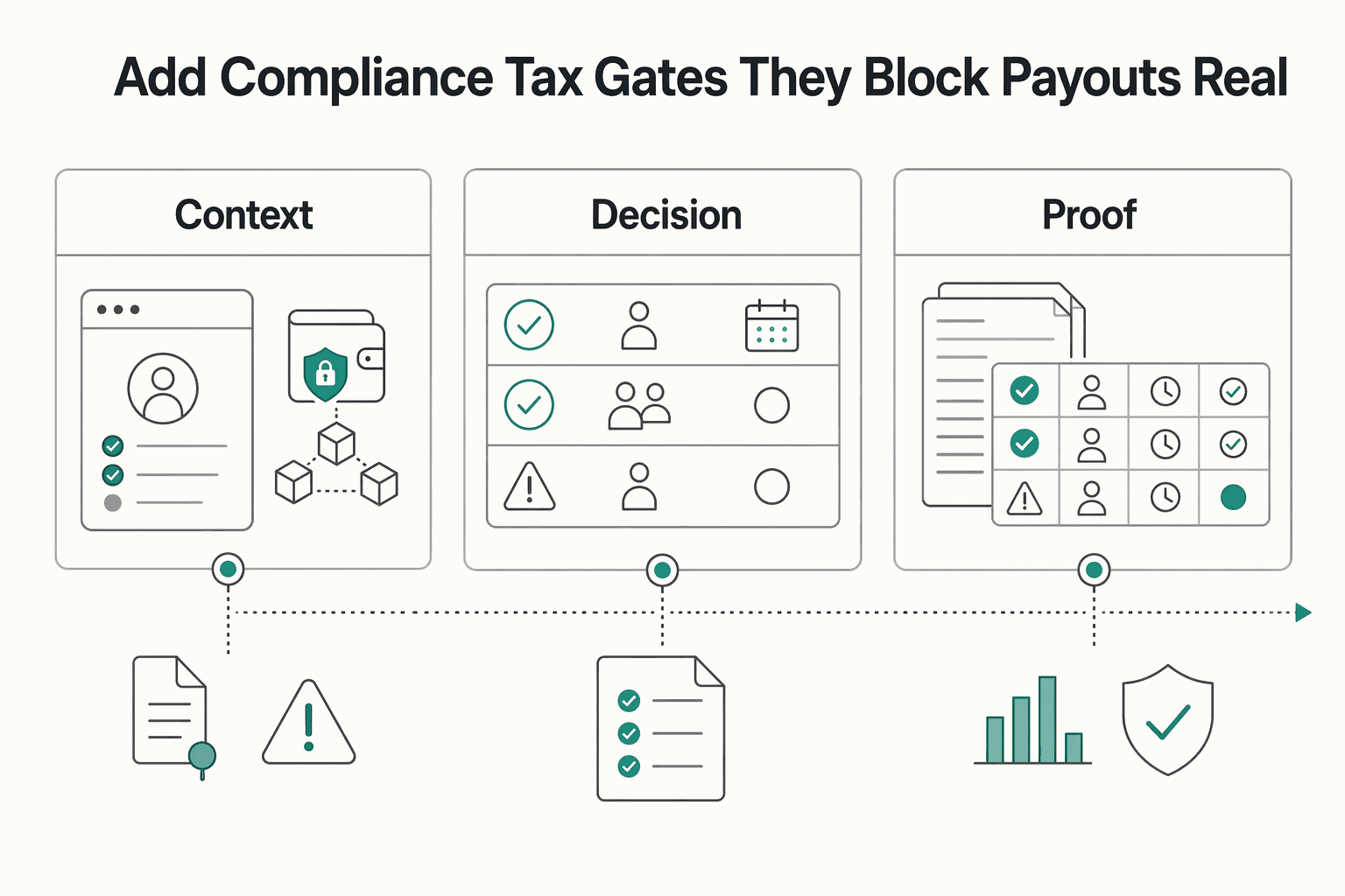 Diagram showing Add compliance and tax gates where they block payouts in real life for Add Crypto Payouts to Your Platform Without Integration Debt.