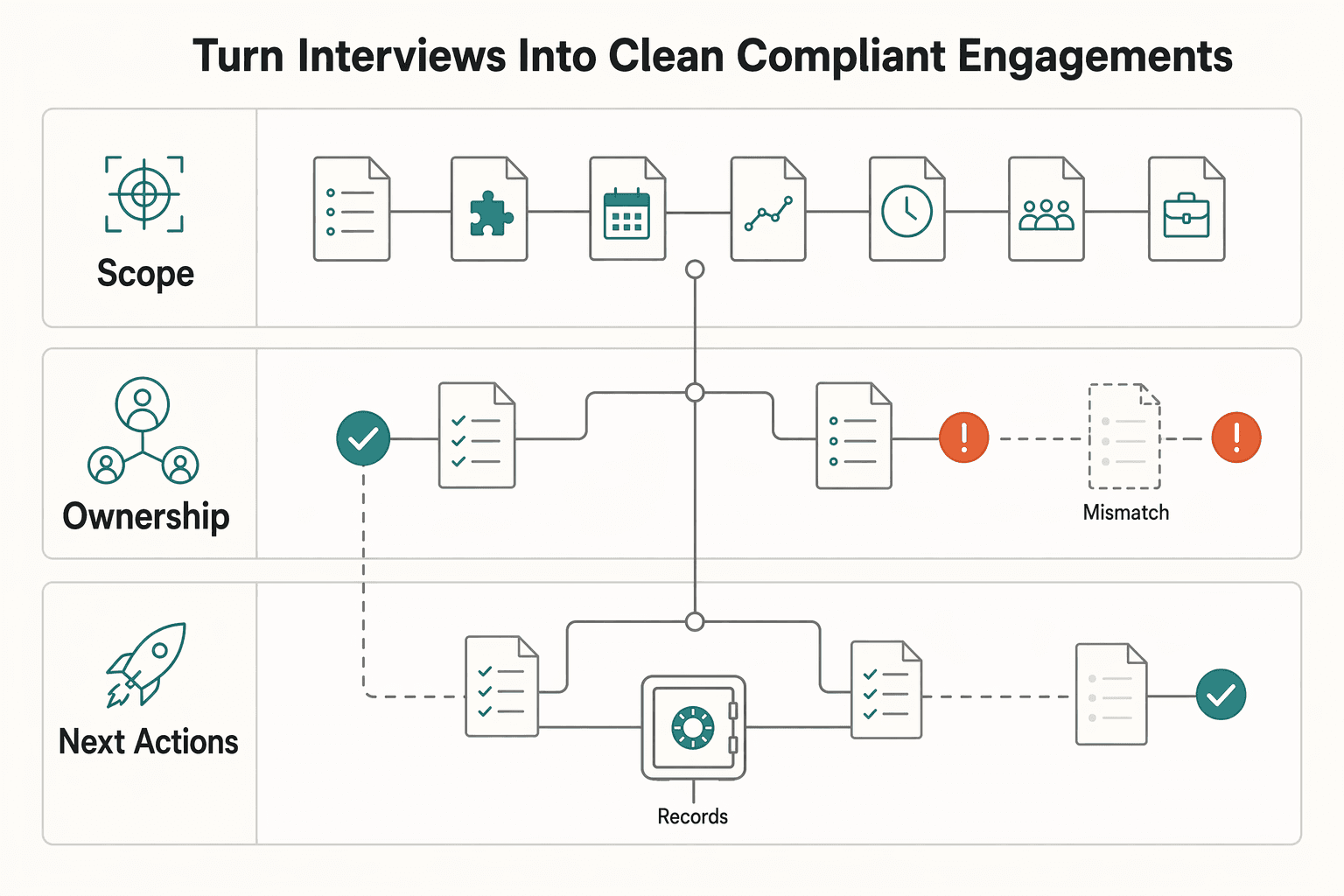 Diagram showing Turn interviews into clean, compliant engagements for How to Find Remote Work on LinkedIn Without Mass-Applying.